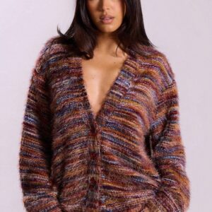 New Retro Fashion Deep V-Neck Maillard Plush Long-Sleeve Knit Cardigan