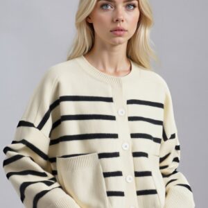Crew Neck Striped Button Pocket Knit Cardigan